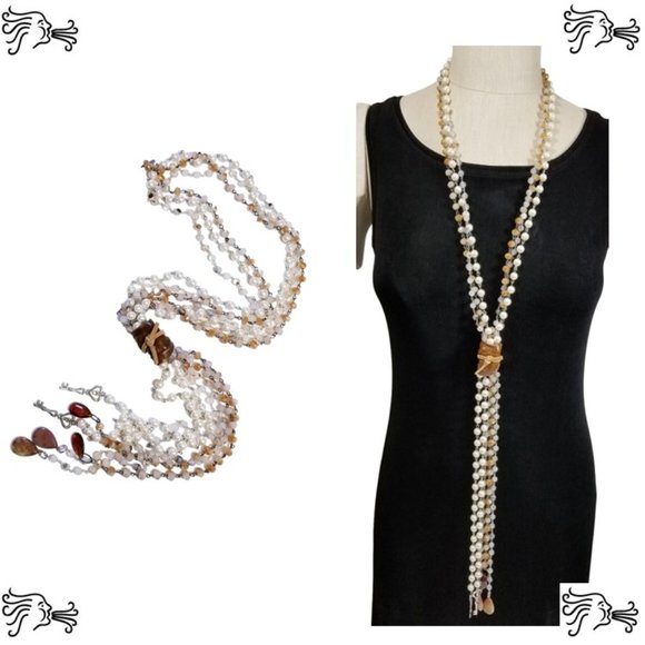 AIR Artsy Accessories Jewelry - Long Pearl Stone Crystal Leather Necklace